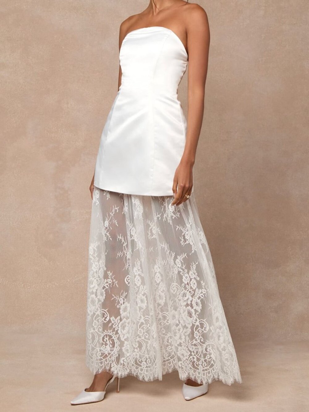 Winslet White Satin Sheer Hem Strapless Maxi Dress